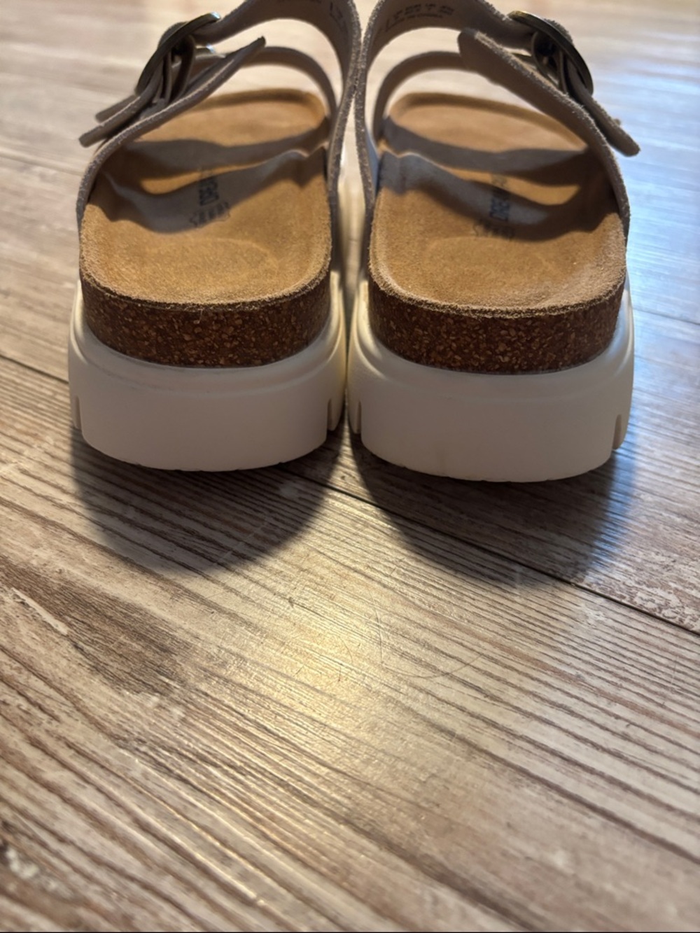 Double-Buckle Beige Suede Women’s Slide Sandals - Picture 2 of 8